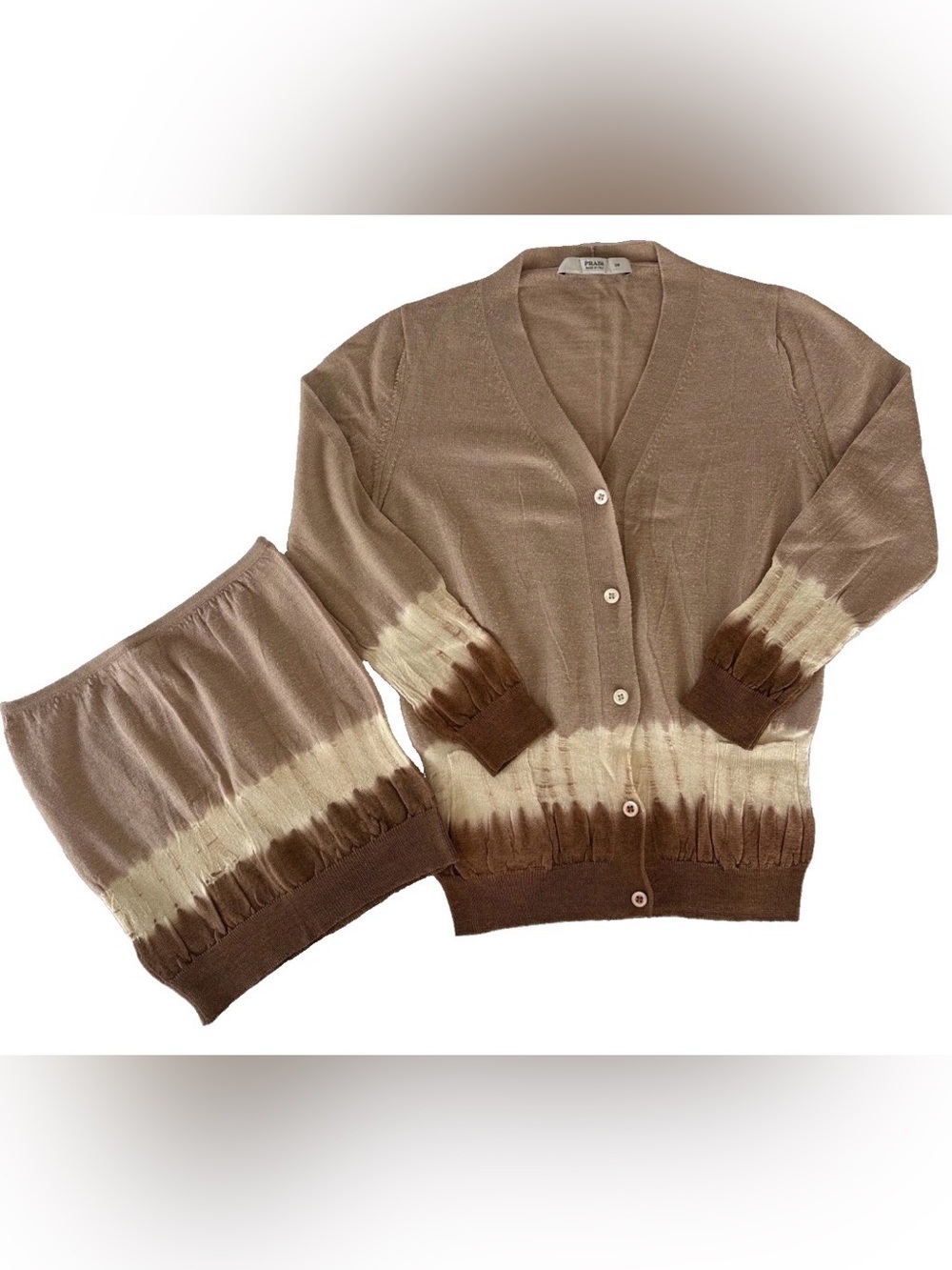 PRADA Vintage Crop Wool/Silk Tie Dye Beige/Brown/Cream Cardigan & Tube Top Set